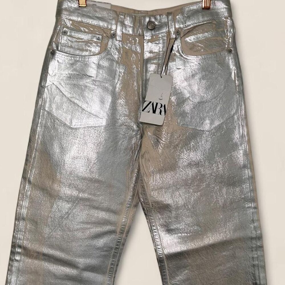 Zara Silver Relaxed Fit Straight Leg Mid Rise Boyfriend Jeans | Size 6 - Picture 5 of 8
